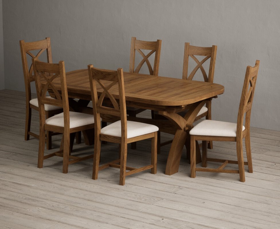 Photo 1 of Extending olympia 180cm rustic solid oak dining table with 6 linen rustic solid oak chairs Photo 1 of Extending olympia 180cm rustic solid oak dining table with 6 linen rustic solid oak chairs