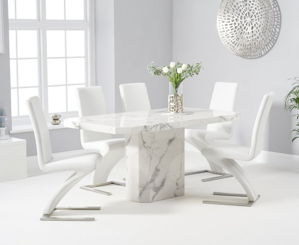 Photo 1 of Belle 160cm white marble dining table with 4 white aldo chairs Photo 1 of Belle 160cm white marble dining table with 4 white aldo chairs
