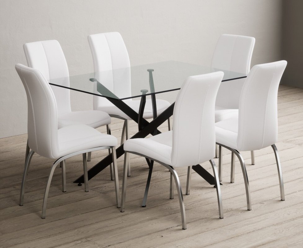 Photo of Bernini 120cm black leg rectangular glass dining table with 6 grey marco chairs Photo of Bernini 120cm black leg rectangular glass dining table with 6 grey marco chairs