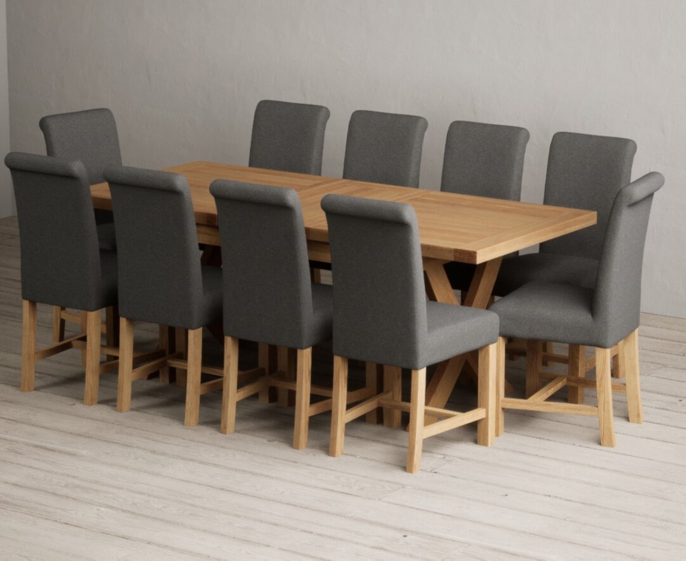 Photo 1 of Extending buckley 160cm solid oak dining table with 10 charcoal grey braced chairs Photo 1 of Extending buckley 160cm solid oak dining table with 10 charcoal grey braced chairs