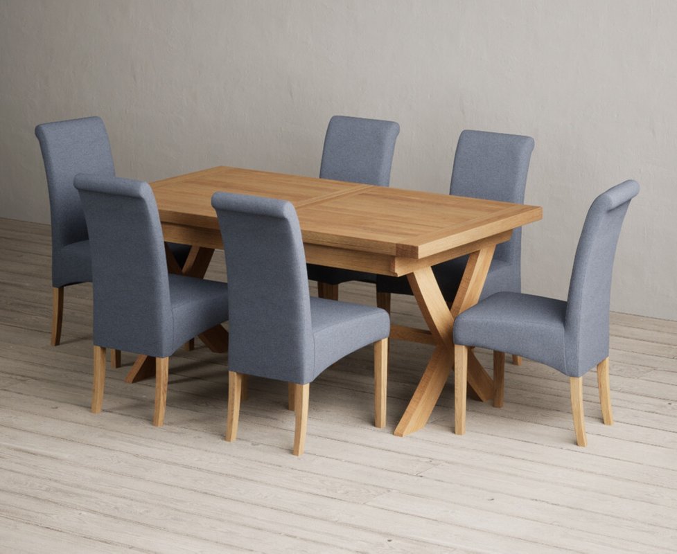 Photo 1 of Extending buckley 160cm solid oak dining table with 6 blue scroll back chairs Photo 1 of Extending buckley 160cm solid oak dining table with 6 blue scroll back chairs