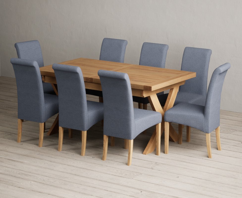 Photo 1 of Extending buckley 160cm solid oak dining table with 8 blue scroll back chairs Photo 1 of Extending buckley 160cm solid oak dining table with 8 blue scroll back chairs