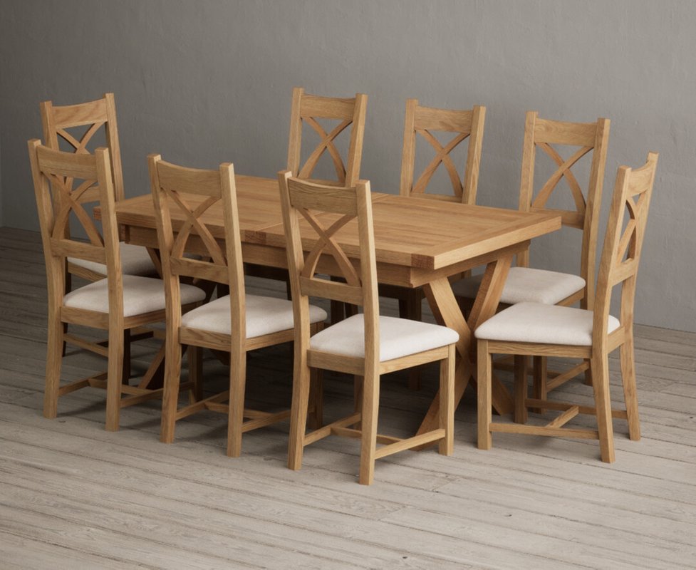Photo 1 of Extending buckley 160cm solid oak dining table with 8 linen natural solid oak chairs Photo 1 of Extending buckley 160cm solid oak dining table with 8 linen natural solid oak chairs