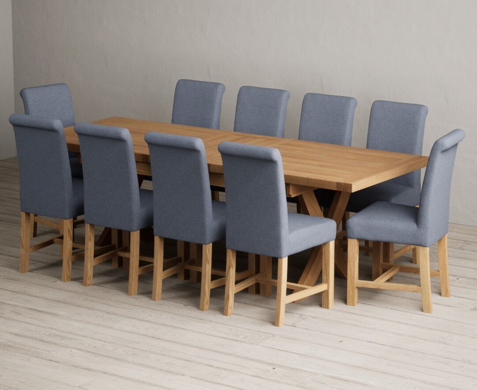 Photo 1 of Extending buckley 200cm solid oak dining table with 10 blue braced chairs Photo 1 of Extending buckley 200cm solid oak dining table with 10 blue braced chairs