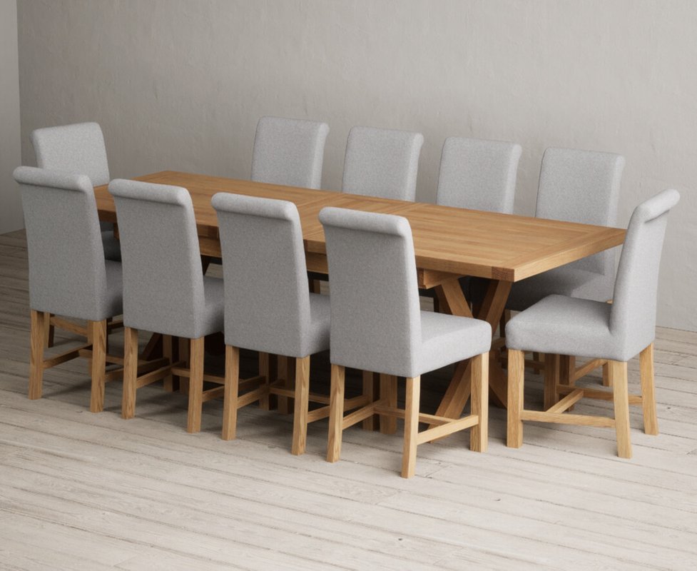 Photo 1 of Extending buckley 200cm solid oak dining table with 10 grey braced chairs Photo 1 of Extending buckley 200cm solid oak dining table with 10 grey braced chairs