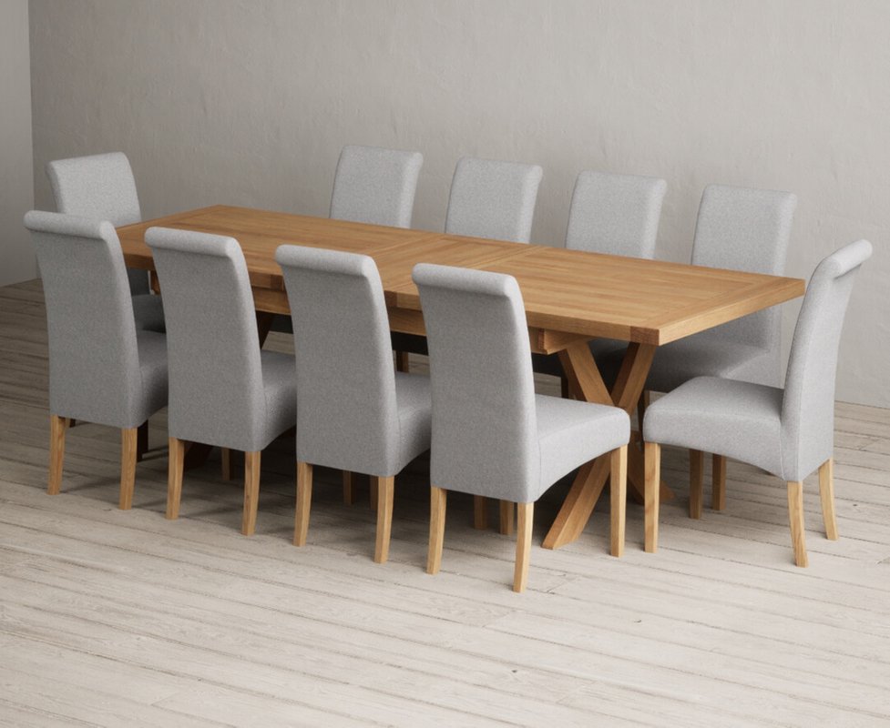 Photo 1 of Extending buckley 200cm solid oak dining table with 10 grey scroll back chairs Photo 1 of Extending buckley 200cm solid oak dining table with 10 grey scroll back chairs