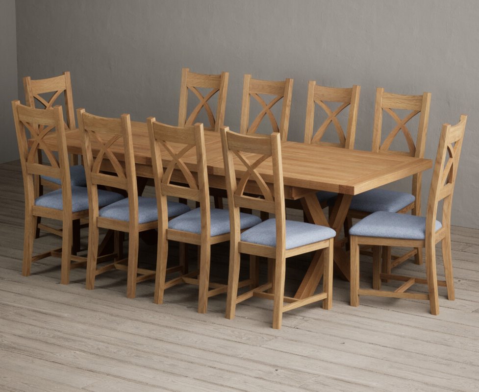 Photo 1 of Extending buckley 200cm solid oak dining table with 10 blue natural solid oak chairs Photo 1 of Extending buckley 200cm solid oak dining table with 10 blue natural solid oak chairs