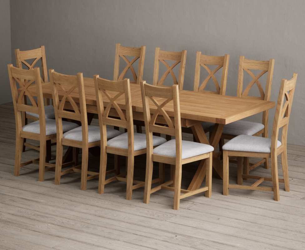 Photo 1 of Extending buckley 200cm solid oak dining table with 10 light grey natural solid oak chairs Photo 1 of Extending buckley 200cm solid oak dining table with 10 light grey natural solid oak chairs