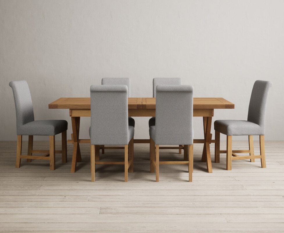 Photo 1 of Extending buckley 200cm solid oak dining table with 6 grey braced chairs Photo 1 of Extending buckley 200cm solid oak dining table with 6 grey braced chairs
