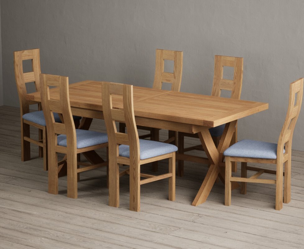 Photo 1 of Extending buckley 200cm solid oak dining table with 6 blue natural chairs Photo 1 of Extending buckley 200cm solid oak dining table with 6 blue natural chairs