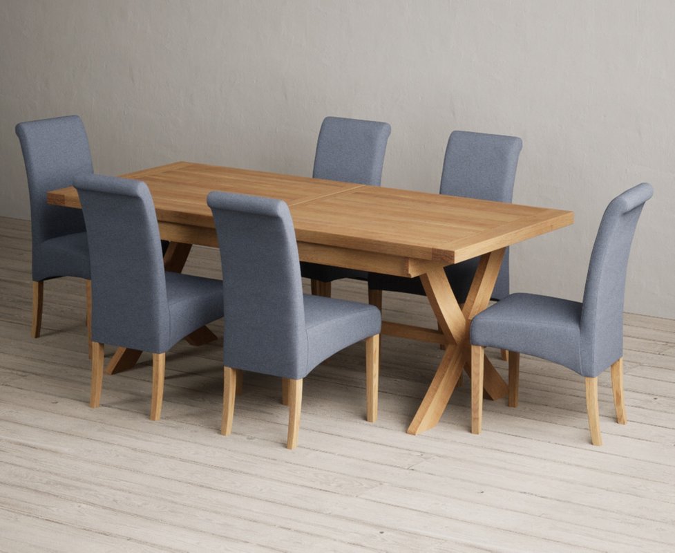 Photo 1 of Extending buckley 200cm solid oak dining table with 6 blue scroll back chairs Photo 1 of Extending buckley 200cm solid oak dining table with 6 blue scroll back chairs