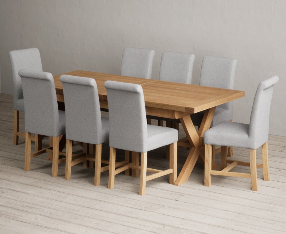 Photo 1 of Extending buckley 200cm solid oak dining table with 8 grey braced chairs Photo 1 of Extending buckley 200cm solid oak dining table with 8 grey braced chairs
