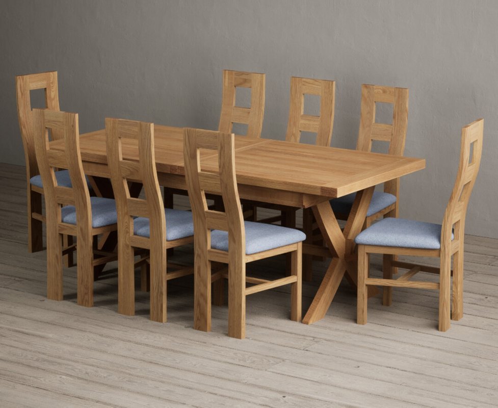 Photo 1 of Extending buckley 200cm solid oak dining table with 8 blue natural chairs Photo 1 of Extending buckley 200cm solid oak dining table with 8 blue natural chairs