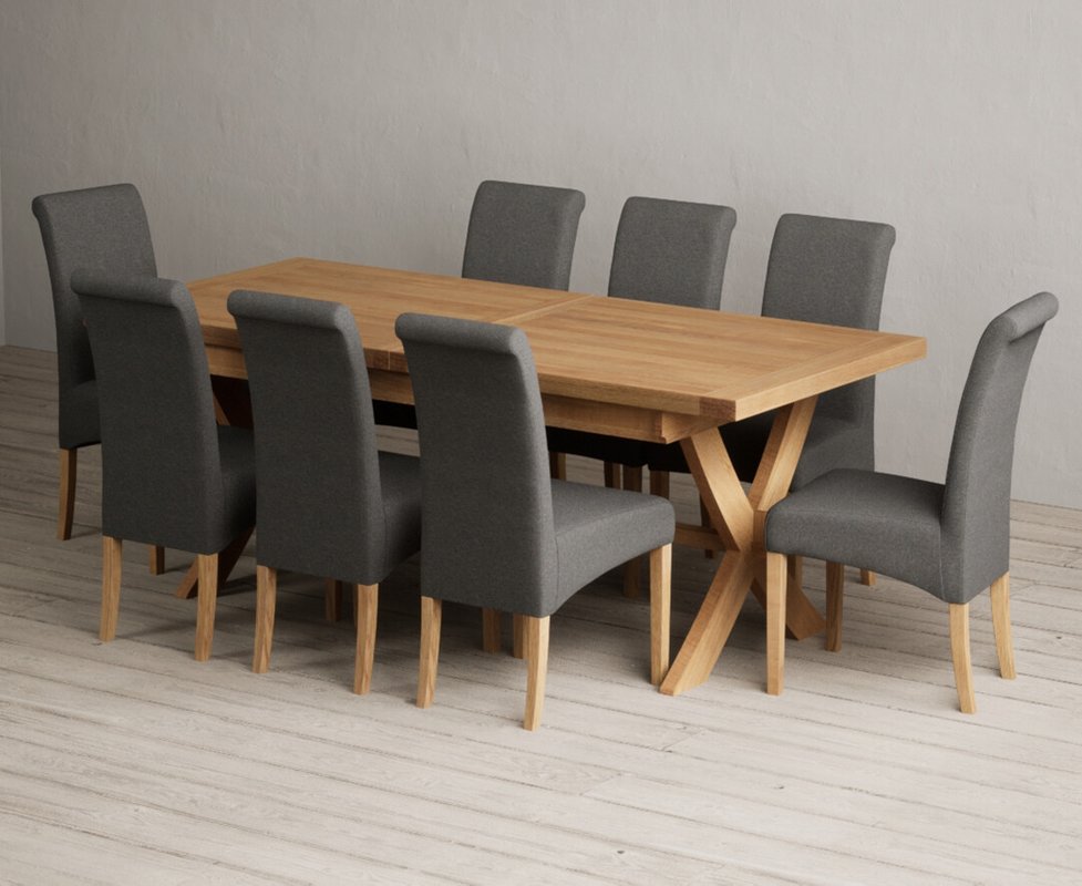 Photo 1 of Extending buckley 200cm solid oak dining table with 8 charcoal grey scroll back chairs Photo 1 of Extending buckley 200cm solid oak dining table with 8 charcoal grey scroll back chairs