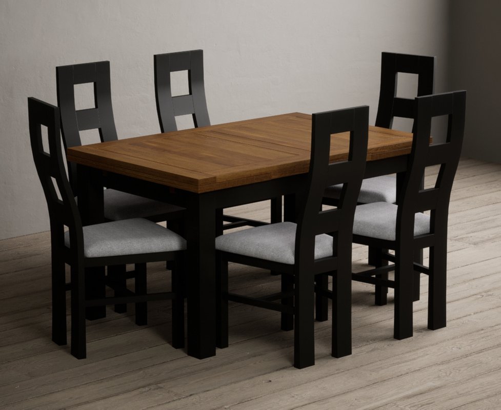Photo 1 of Extending buxton 140cm oak and black painted dining table with 6 light grey painted chairs Photo 1 of Extending buxton 140cm oak and black painted dining table with 6 light grey painted chairs