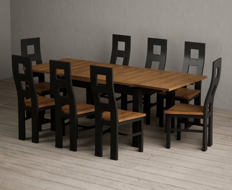 Photo 1 of Extending buxton 140cm oak and black painted dining table with 8 rustic oak painted chairs Photo 1 of Extending buxton 140cm oak and black painted dining table with 8 rustic oak painted chairs