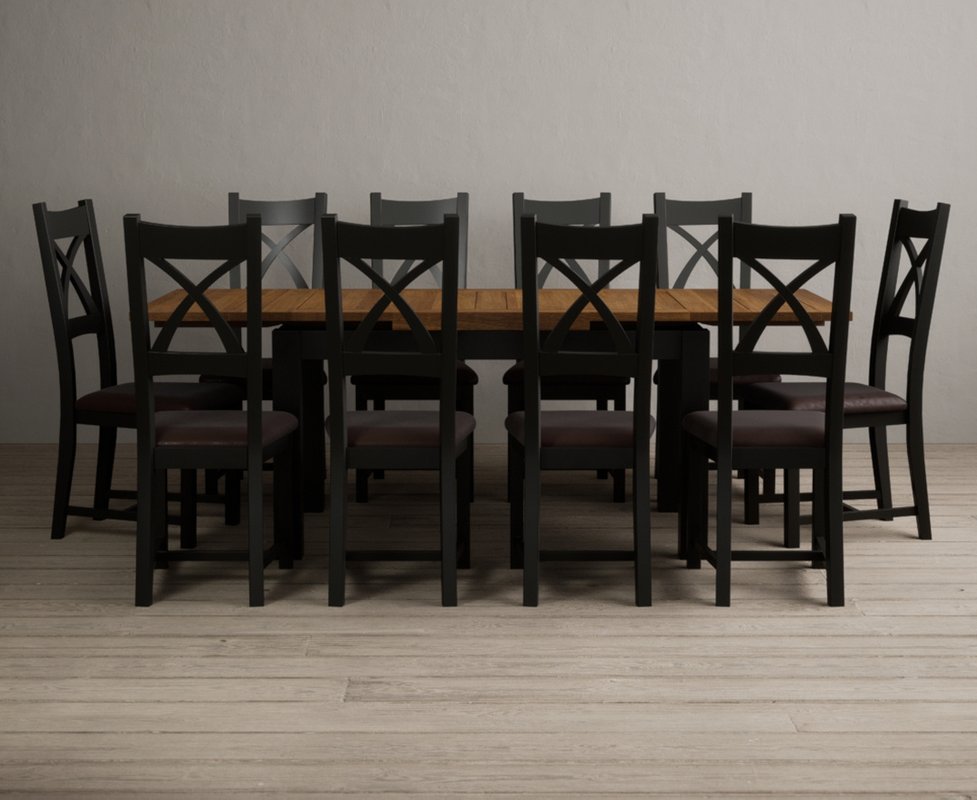 Photo 1 of Extending buxton 140cm oak and black painted dining table with 10 brown painted chairs Photo 1 of Extending buxton 140cm oak and black painted dining table with 10 brown painted chairs