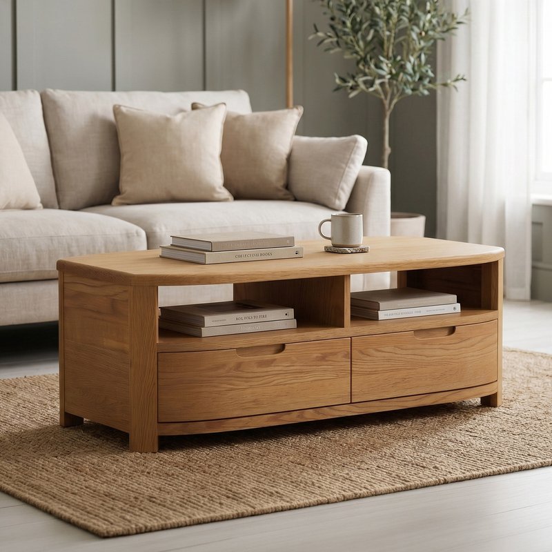 Photo 1 of Somerton curved solid oak 4 drawer coffee table Photo 1 of Somerton curved solid oak 4 drawer coffee table