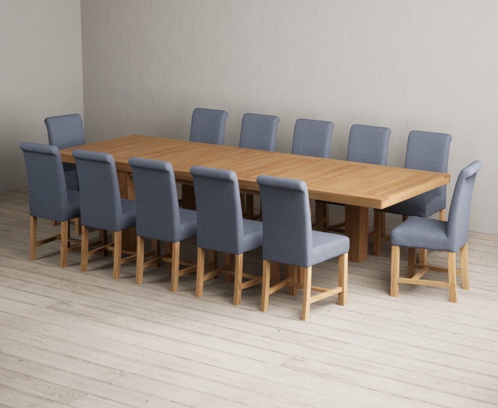 Photo 1 of Extending callington 230cm oak dining table with 12 blue braced chairs Photo 1 of Extending callington 230cm oak dining table with 12 blue braced chairs