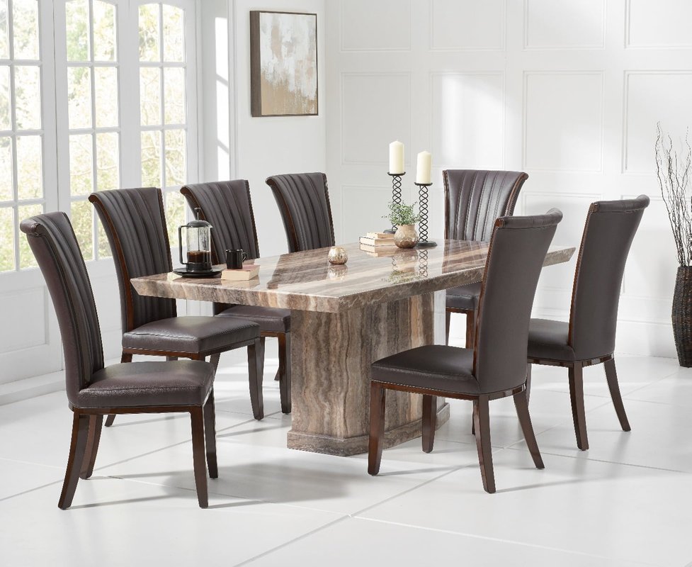 Photo of Carvelle 200cm brown pedestal marble dining table with 10 brown lorient chairs Photo of Carvelle 200cm brown pedestal marble dining table with 10 brown lorient chairs