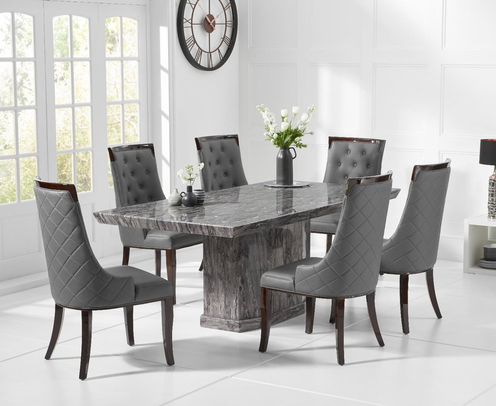 Photo of Carvelle 160cm grey pedestal marble dining table with 8 grey francesca chairs Photo of Carvelle 160cm grey pedestal marble dining table with 8 grey francesca chairs