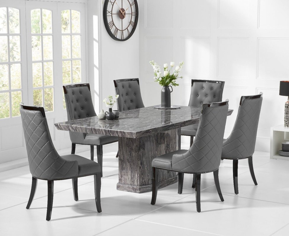 Photo of Carvelle 200cm grey pedestal marble dining table with 12 grey francesca chairs Photo of Carvelle 200cm grey pedestal marble dining table with 12 grey francesca chairs
