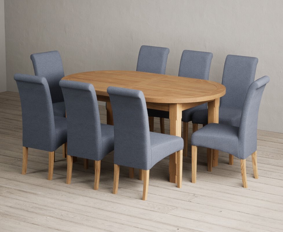 Photo 1 of Extending caversham oak oval dining table with 8 blue scroll back chairs Photo 1 of Extending caversham oak oval dining table with 8 blue scroll back chairs