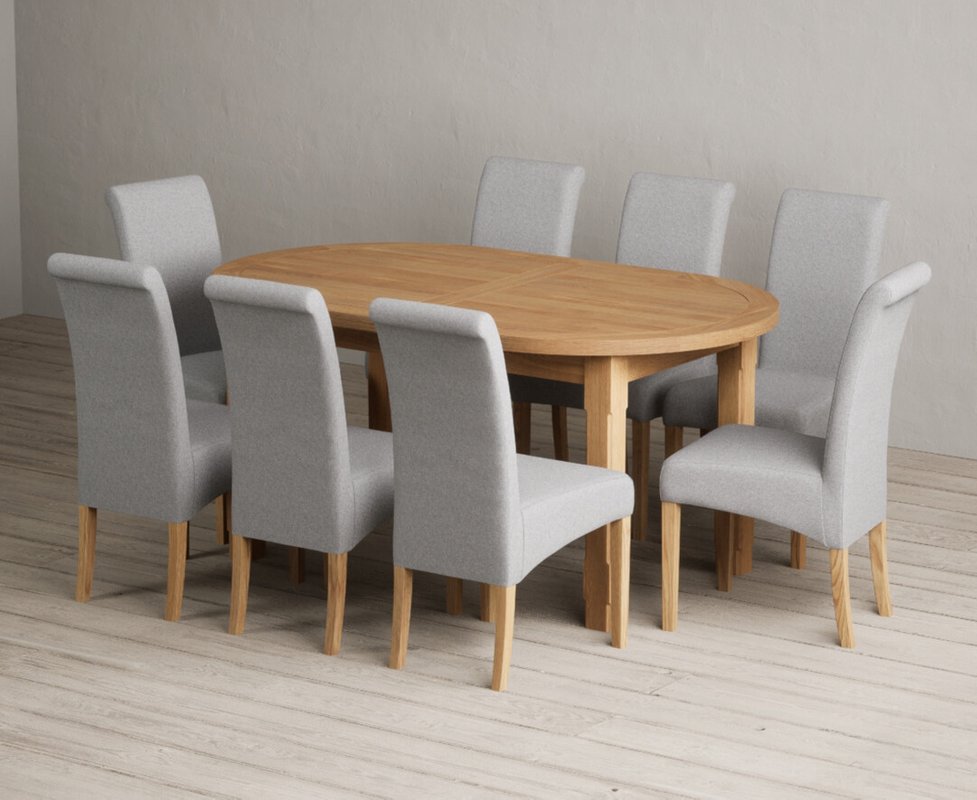Photo 1 of Extending caversham oak oval dining table with 8 grey scroll back chairs Photo 1 of Extending caversham oak oval dining table with 8 grey scroll back chairs