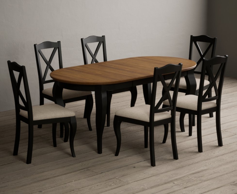 Photo 1 of Extending chateau noir 140cm oak and black painted oval dining table with 6 linen chateau noir chairs Photo 1 of Extending chateau noir 140cm oak and black painted oval dining table with 6 linen chateau noir chairs