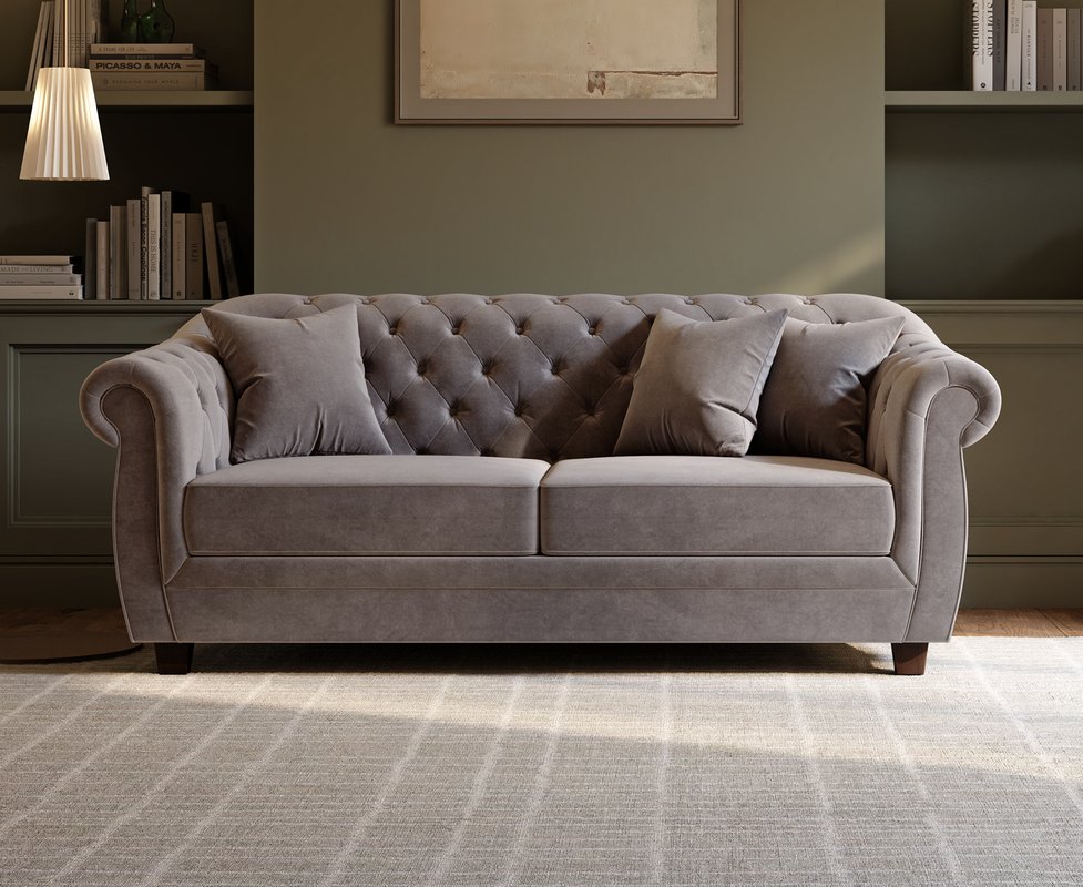 Photo of Eva chesterfield light grey velvet 3 seater sofa Photo of Eva chesterfield light grey velvet 3 seater sofa