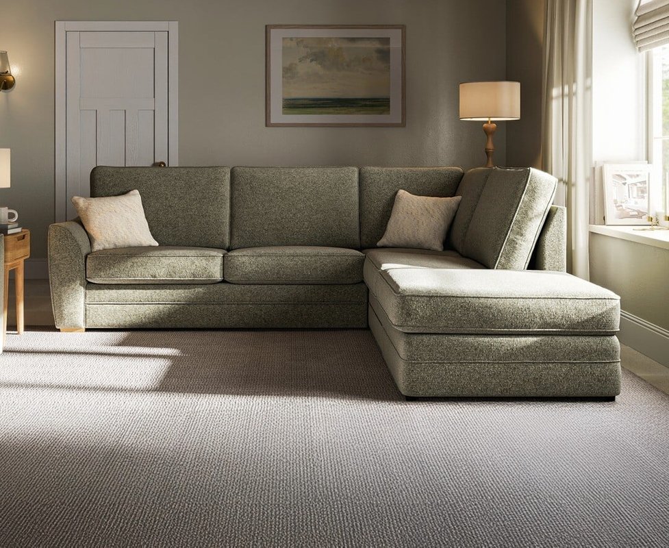 Photo of Bella olive fabric large right hand facing chaise corner sofa Photo of Bella olive fabric large right hand facing chaise corner sofa
