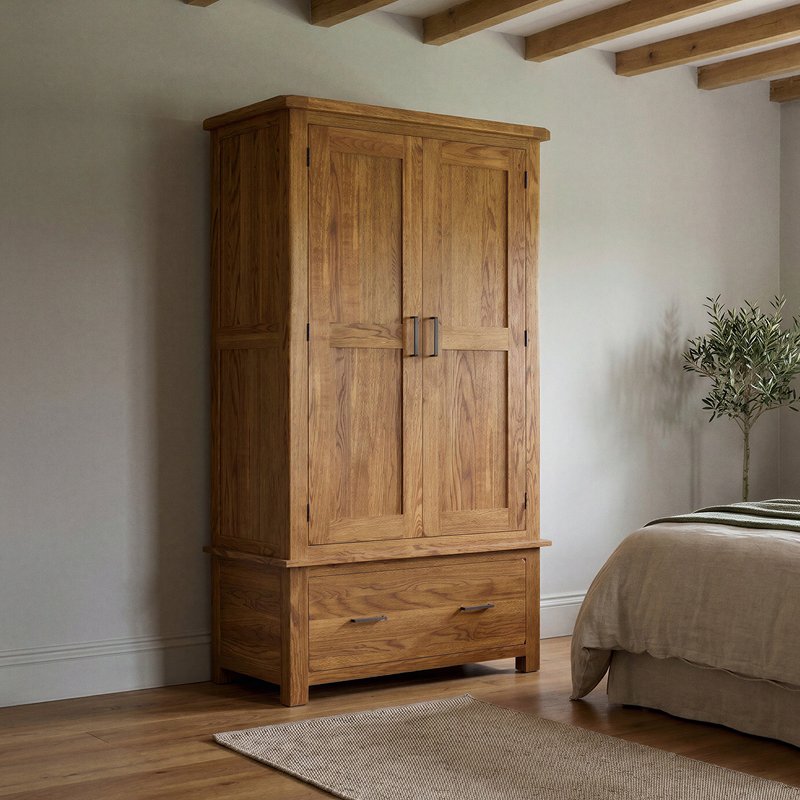 Photo 1 of Rustic solid oak double wardrobe | 2 doors & dovetail drawer Photo 1 of Rustic solid oak double wardrobe | 2 doors & dovetail drawer