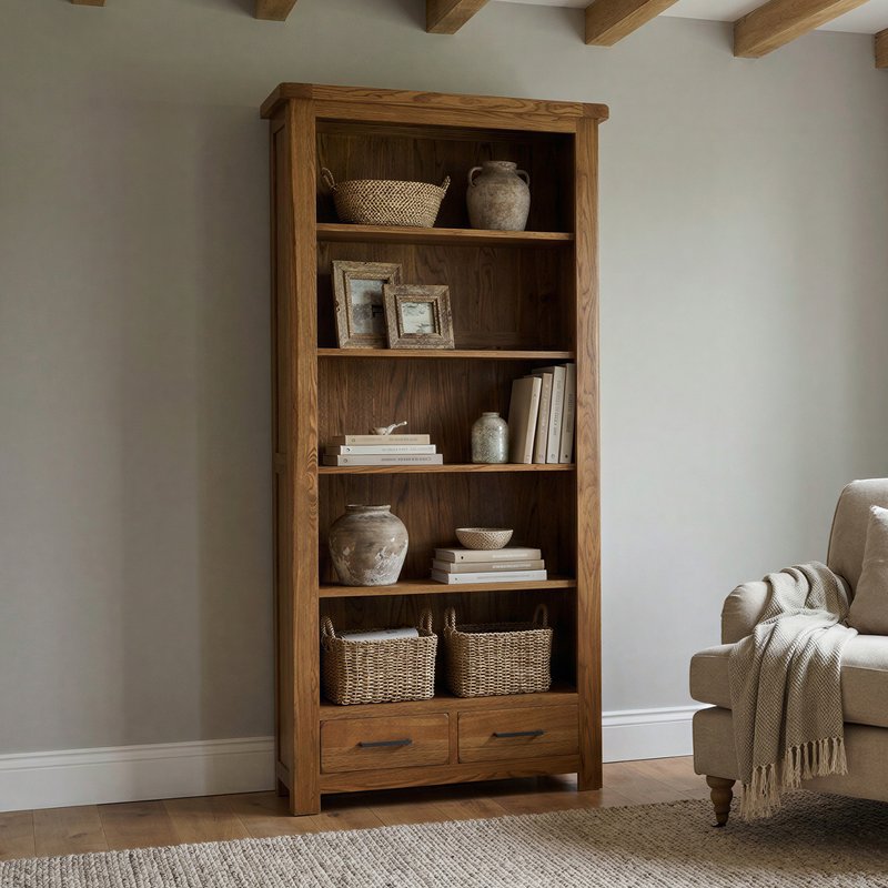 Photo 1 of Rustic solid oak tall bookcase | 5 shelves & 2 dovetail drawers Photo 1 of Rustic solid oak tall bookcase | 5 shelves & 2 dovetail drawers