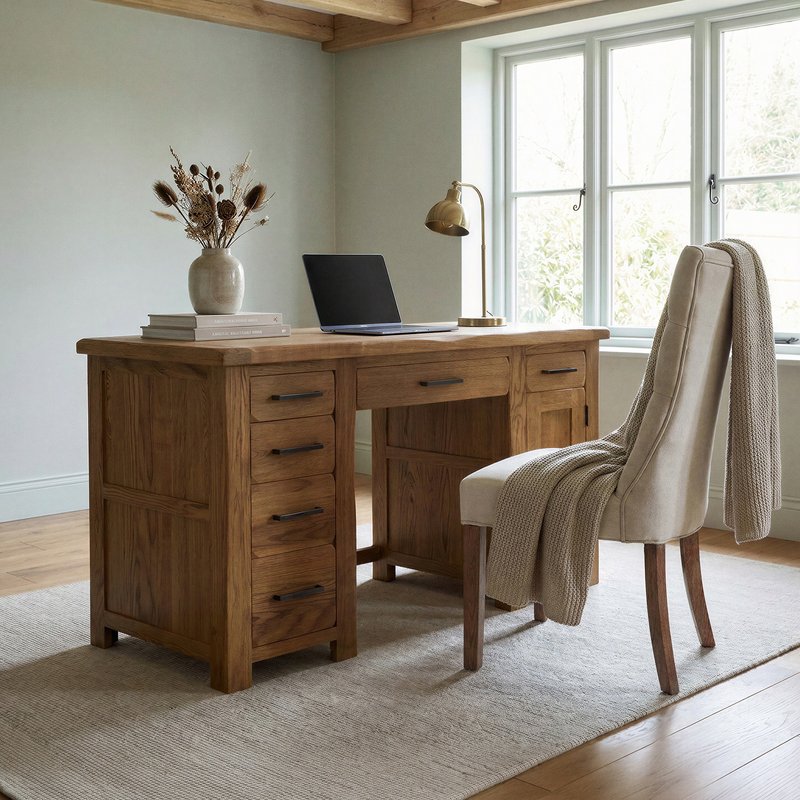 Photo 1 of Rustic solid oak computer desk | 6 dovetail drawers & door Photo 1 of Rustic solid oak computer desk | 6 dovetail drawers & door
