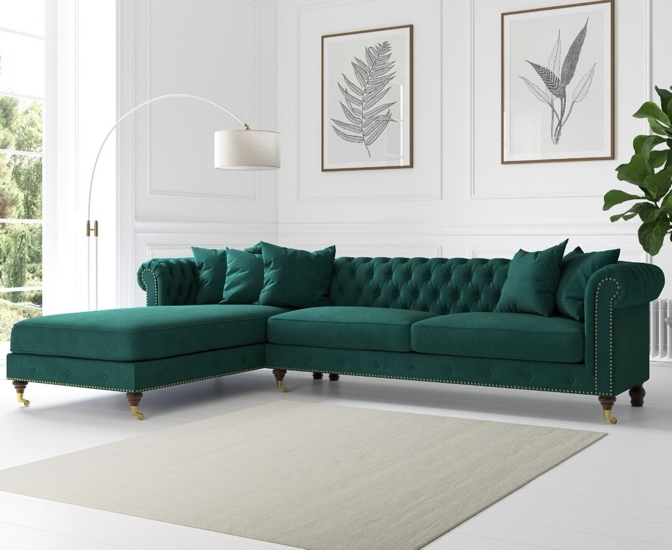 Photo of Chiswick extra large green velvet left facing chesterfield corner chaise sofa Photo of Chiswick extra large green velvet left facing chesterfield corner chaise sofa