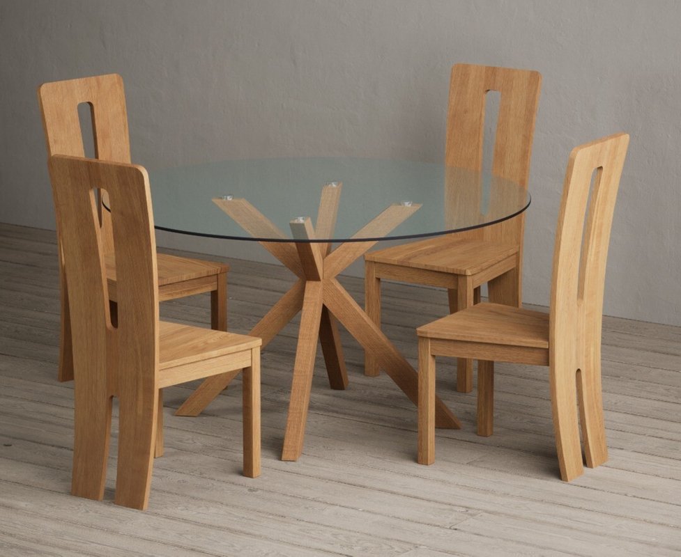 Photo of Lakelyn 140cm round solid oak and glass dining table with 4 oak lucca chairs Photo of Lakelyn 140cm round solid oak and glass dining table with 4 oak lucca chairs