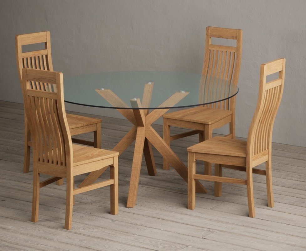 Photo of Lakelyn 140cm round solid oak and glass dining table with 4 oak monroe chairs Photo of Lakelyn 140cm round solid oak and glass dining table with 4 oak monroe chairs