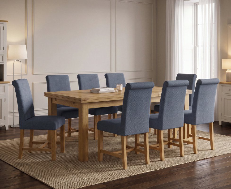 Photo 1 of Extending buxton 140cm solid oak dining table with 8 blue braced chairs Photo 1 of Extending buxton 140cm solid oak dining table with 8 blue braced chairs