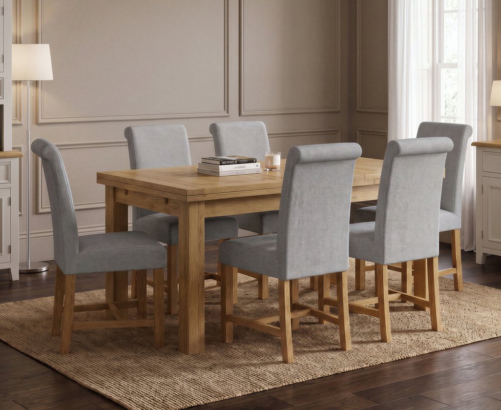 Photo 1 of Extending buxton 140cm solid oak dining table with 6 grey braced chairs Photo 1 of Extending buxton 140cm solid oak dining table with 6 grey braced chairs
