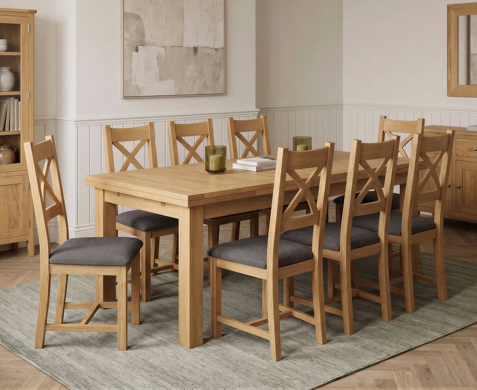 Photo 1 of Extending buxton 140cm solid oak dining table with 8 charcoal grey natural solid oak chairs Photo 1 of Extending buxton 140cm solid oak dining table with 8 charcoal grey natural solid oak chairs