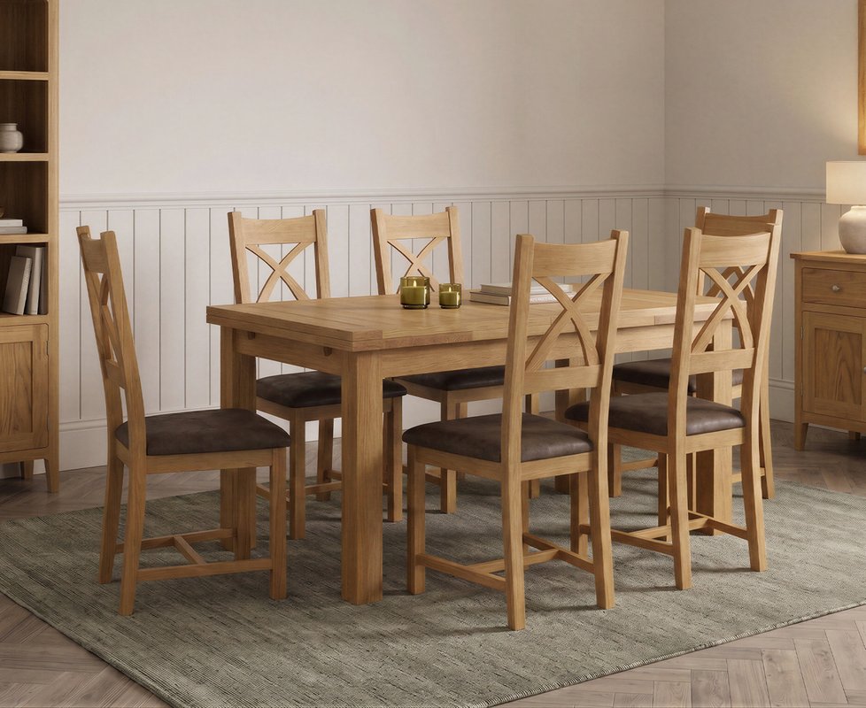 Photo 1 of Extending buxton 140cm solid oak dining table with 6 brown natural solid oak chairs Photo 1 of Extending buxton 140cm solid oak dining table with 6 brown natural solid oak chairs