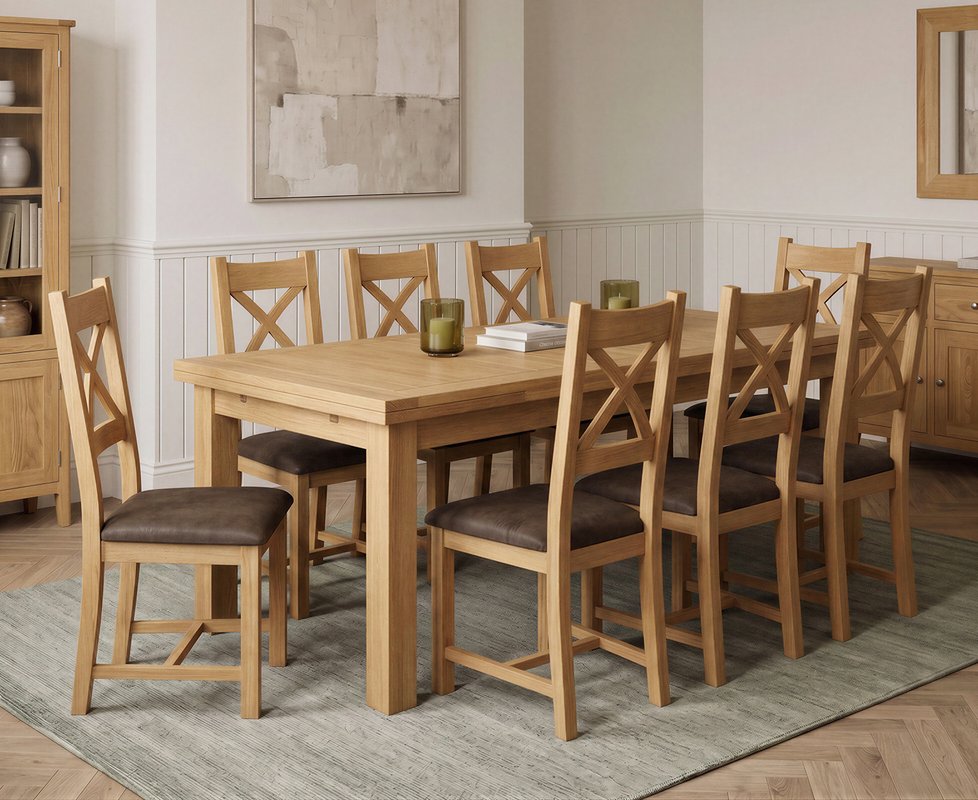 Photo 1 of Extending buxton 140cm solid oak dining table with 8 brown natural solid oak chairs Photo 1 of Extending buxton 140cm solid oak dining table with 8 brown natural solid oak chairs