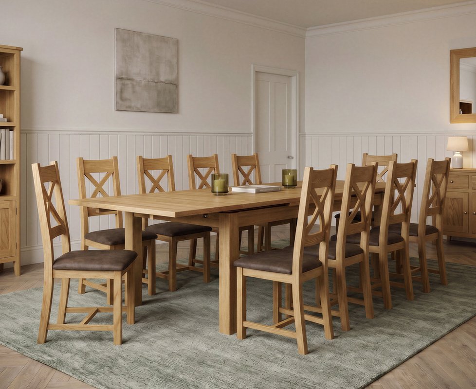 Photo 1 of Extending buxton 140cm solid oak dining table with 10 brown natural solid oak chairs Photo 1 of Extending buxton 140cm solid oak dining table with 10 brown natural solid oak chairs