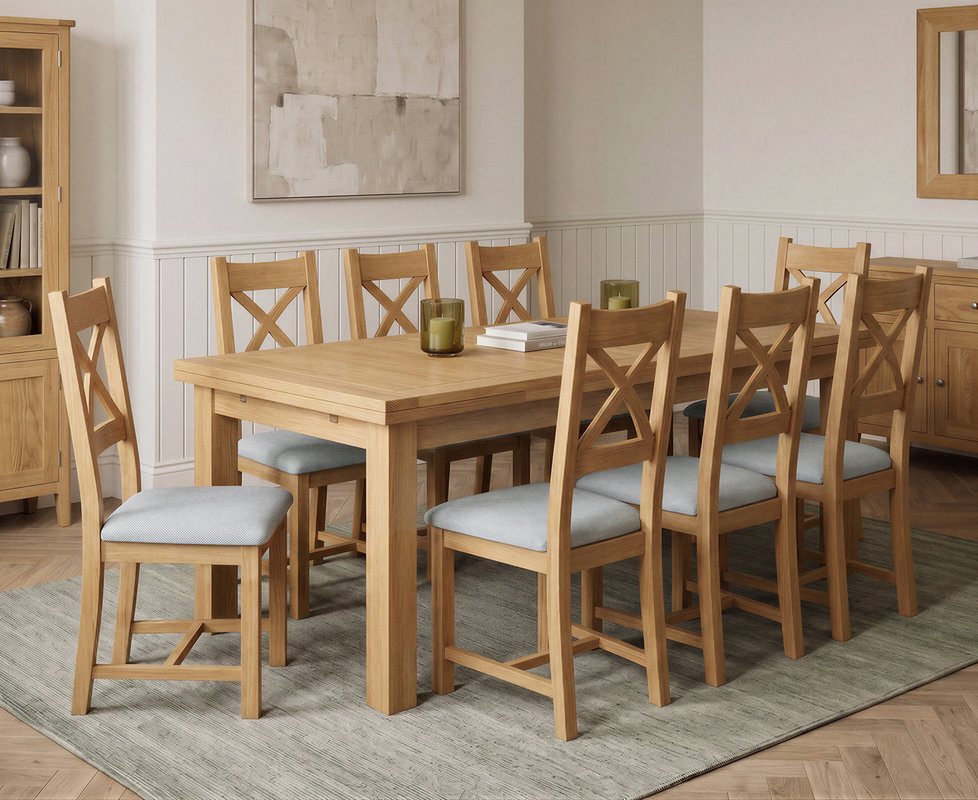 Photo 1 of Extending buxton 140cm solid oak dining table with 8 light grey natural solid oak chairs Photo 1 of Extending buxton 140cm solid oak dining table with 8 light grey natural solid oak chairs