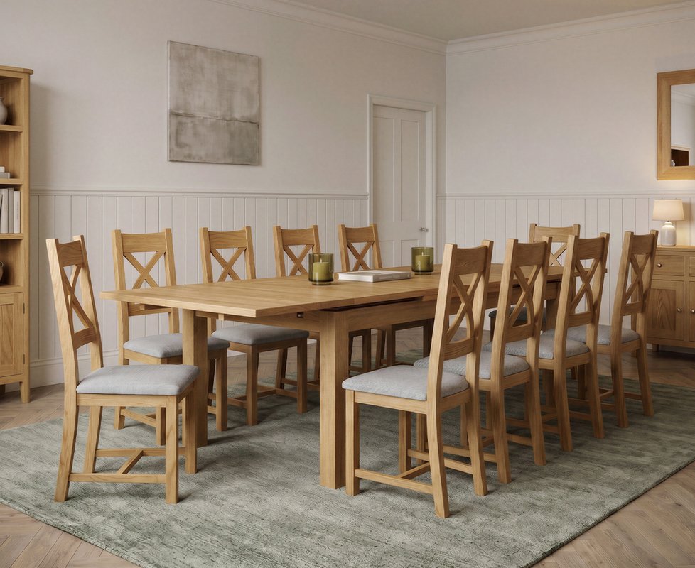 Photo 1 of Extending buxton 140cm solid oak dining table with 10 light grey natural solid oak chairs Photo 1 of Extending buxton 140cm solid oak dining table with 10 light grey natural solid oak chairs