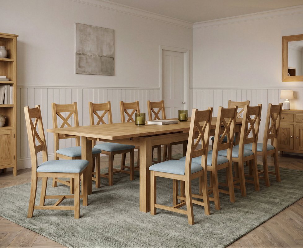 Photo 1 of Extending buxton 140cm solid oak dining table with 10 blue natural solid oak chairs Photo 1 of Extending buxton 140cm solid oak dining table with 10 blue natural solid oak chairs