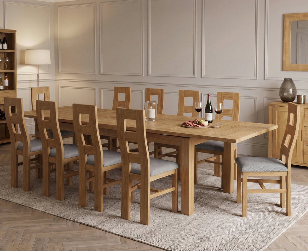 Photo 1 of Extending buxton 140cm solid oak dining table with 10 light grey natural chairs Photo 1 of Extending buxton 140cm solid oak dining table with 10 light grey natural chairs