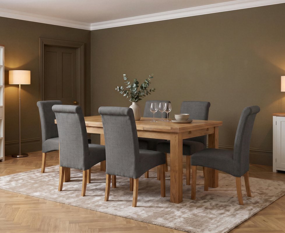 Photo 1 of Extending buxton 140cm solid oak dining table with 6 charcoal grey scroll back chairs Photo 1 of Extending buxton 140cm solid oak dining table with 6 charcoal grey scroll back chairs