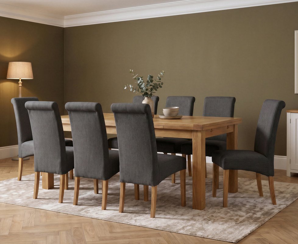 Photo 1 of Extending buxton 140cm solid oak dining table with 8 charcoal grey scroll back chairs Photo 1 of Extending buxton 140cm solid oak dining table with 8 charcoal grey scroll back chairs