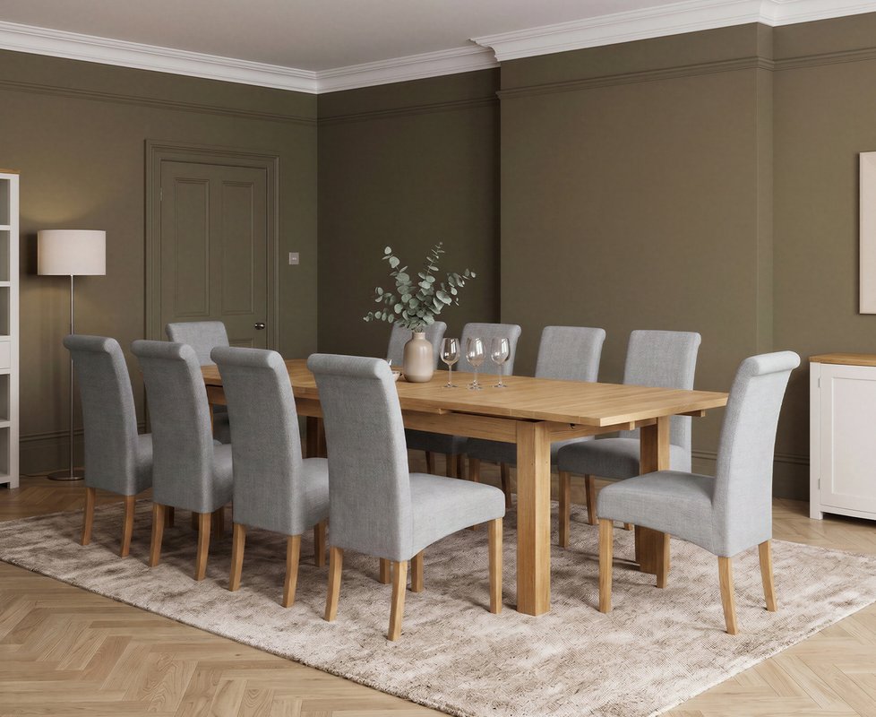 Photo 1 of Extending buxton 140cm solid oak dining table with 10 grey scroll back chairs Photo 1 of Extending buxton 140cm solid oak dining table with 10 grey scroll back chairs